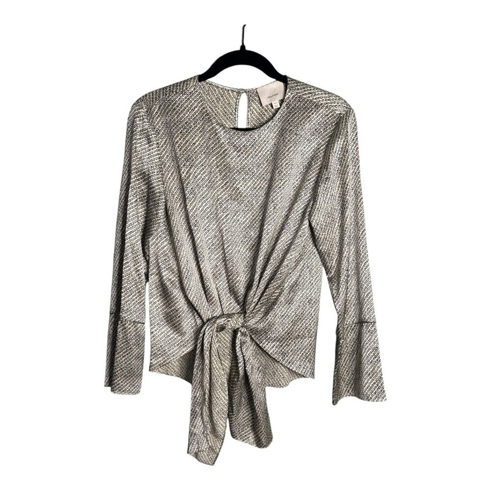 Cinq a Sept Black Champagne Printed Silky Tie Front Blouse XXS